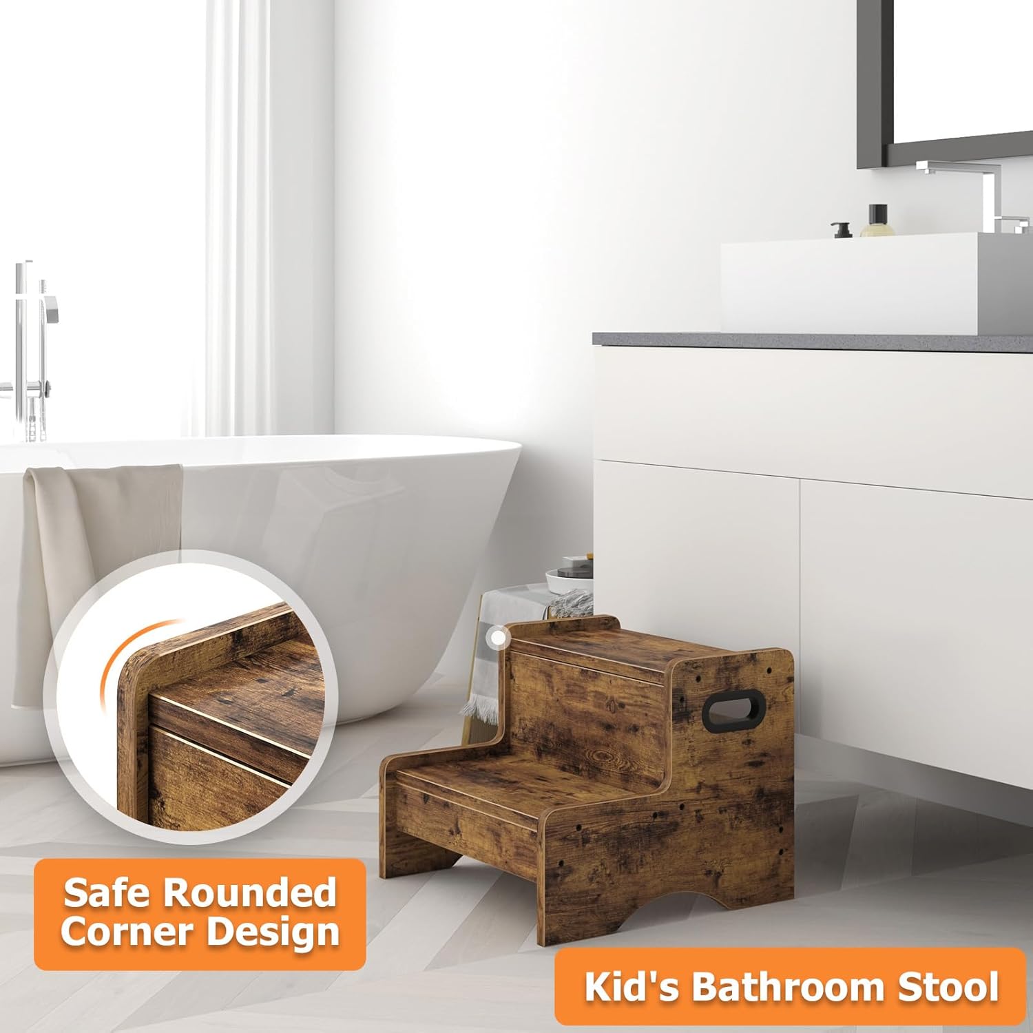 Wooden Step Stool for Kids, 2 Step Safety Kids Stepping Stool for Bathroom Kitchen Bedroom with 500 lbs Capacity, Toddler Step Stool Children's Foot Step Potty Stool, Rustic Brown