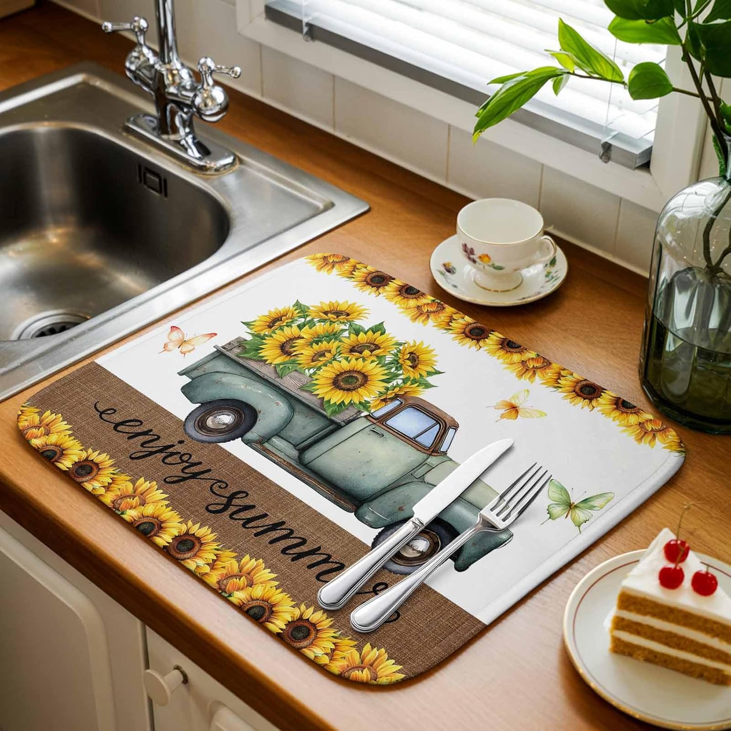 Sunflowers Truck Dish Drying Mat for Kitchen Counter, Microfiber Dishes Drainer Mat Rack Pad, Country Botanical Blooms Floral Butterfly Absorbent Dish Bottle Drying Mats, 18"x24", 2 Pack