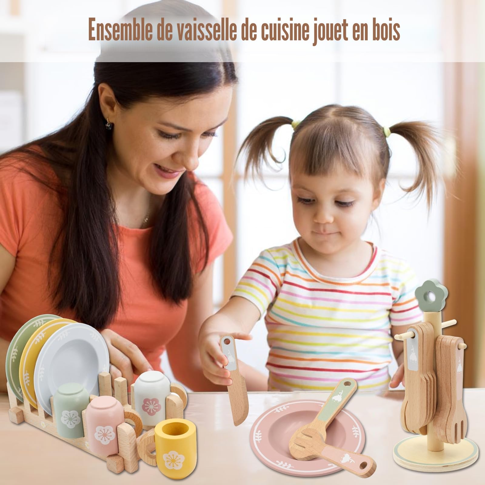Jouets de Cuisine en Bois, Jeu de Vaisselle de Cuisine de Jouet en Bois Aolkee, Accessoires pour Tout-Petit Enfant, Jeu de rôle pour Enfants