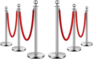 VIVOHOME Stainless Steel Stanchion Post Queue 6PCS Pole w/ 4 Red Velvet Ropes, Crowd Control Barriers w/Fillable Base for High-end Venues, Museums, Party Supplies (6 Pieces, Silver)