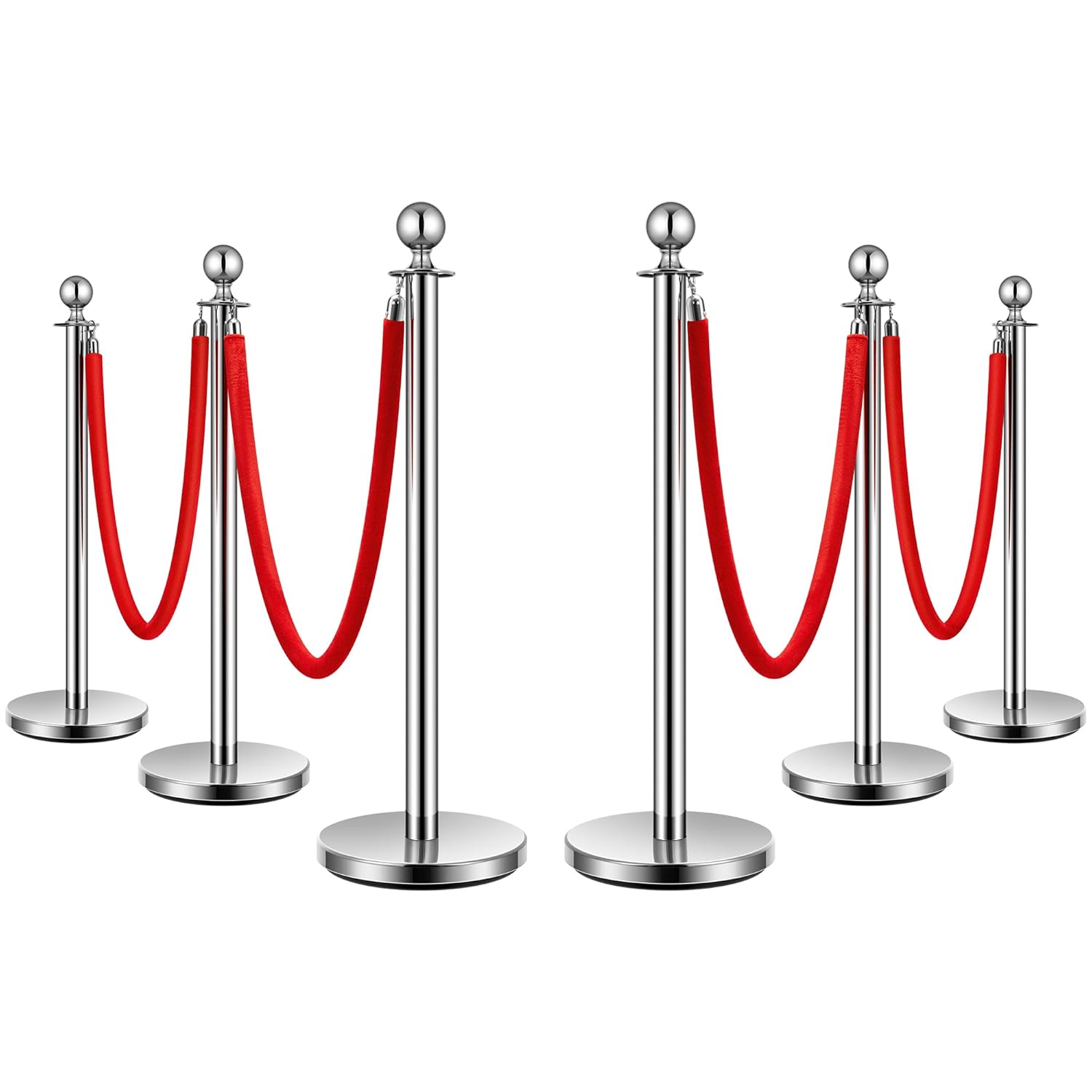 VIVOHOME Stainless Steel Stanchion Post Queue 6PCS Pole w/ 4 Red Velvet Ropes, Crowd Control Barriers w/Fillable Base for High-end Venues, Museums, Party Supplies (6 Pieces, Silver) 37.4"(H)x5 Ft(L) Sliver 6