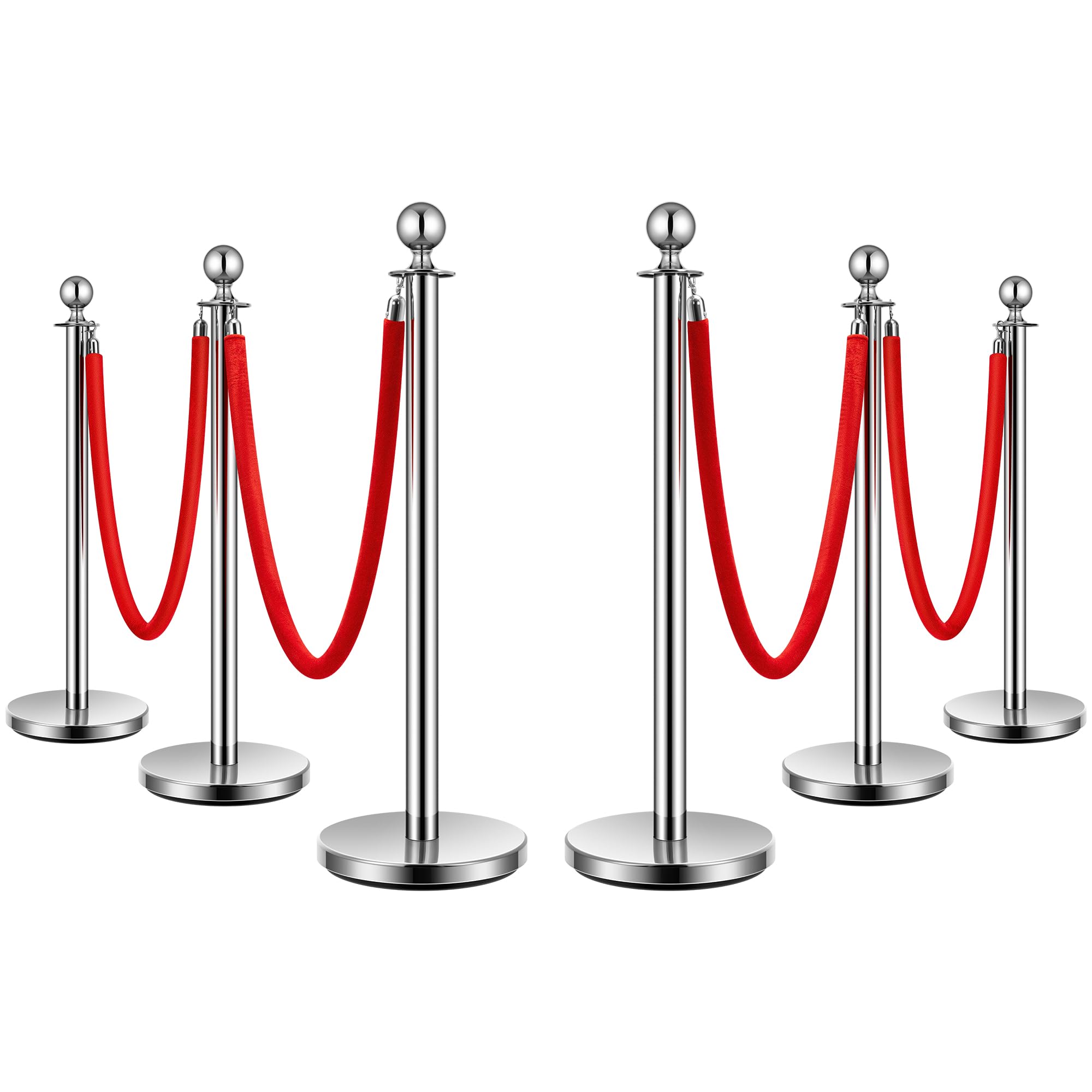 VIVOHOME Stainless Steel Stanchion Post Queue 6PCS Pole w/ 4 Red Velvet Ropes, Crowd Control Barriers w/Fillable Base for High-end Venues, Museums, Party Supplies (6 Pieces, Silver)