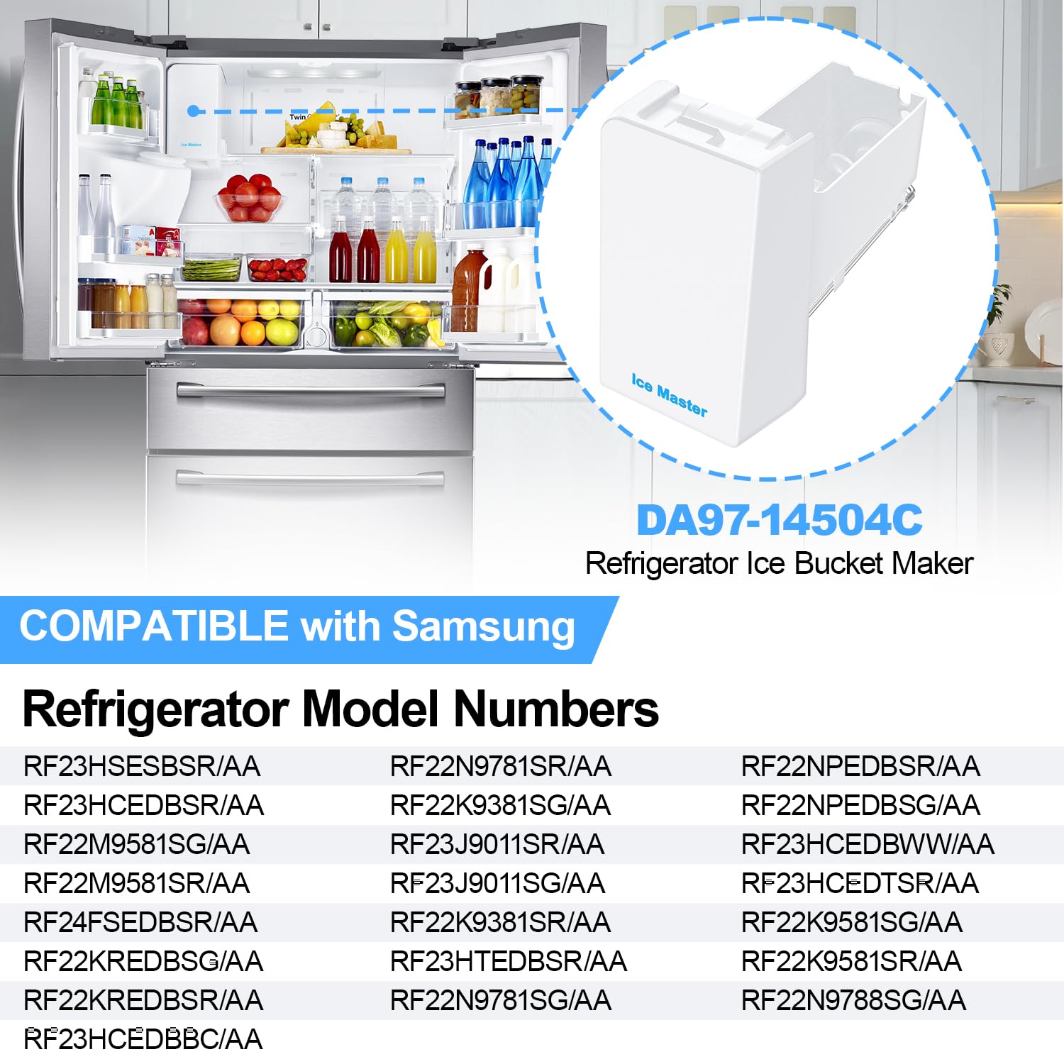 Upgraded DA97-14504C Refrigerator Ice Bucket Replacement Compatible with Samsung Ice Maker Replacement Ice Bucket Tray Parts DA97-14504A Ice Bin, RF23HCEDBSR RF22KREDBSR RF23J9011SR Ice Container