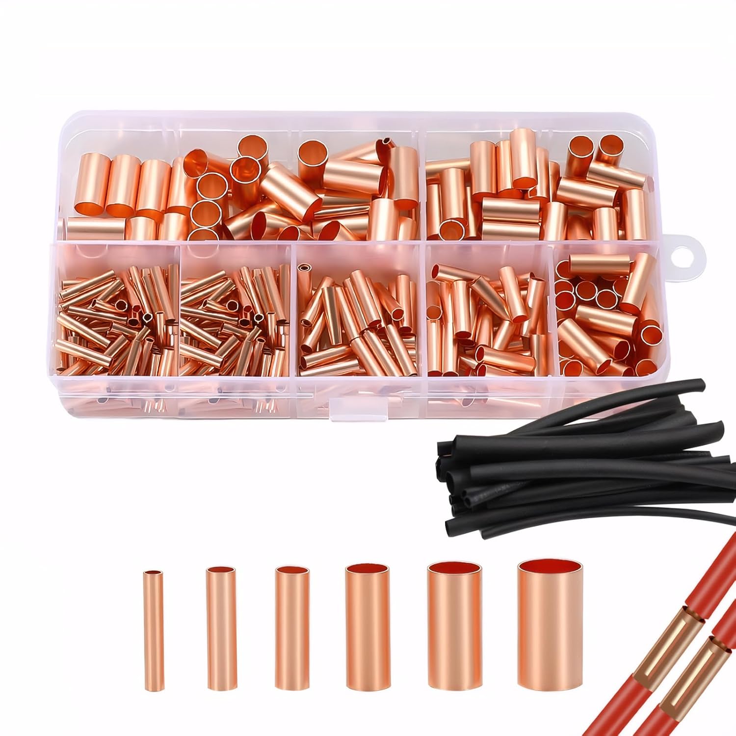 250pcs Wire Terminal connectors 7Size Electrical Butt Connector Copper Tube Connector Kits with Heat Shrink Tubing Wire Ferrules Kits