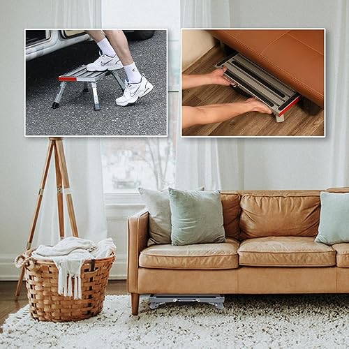 Miniatura 11 de Homeon Wheels Taburete para caravana, plataforma de aluminio ajustable con superficie antideslizante, escalón plegable con patas de goma, tira Gris