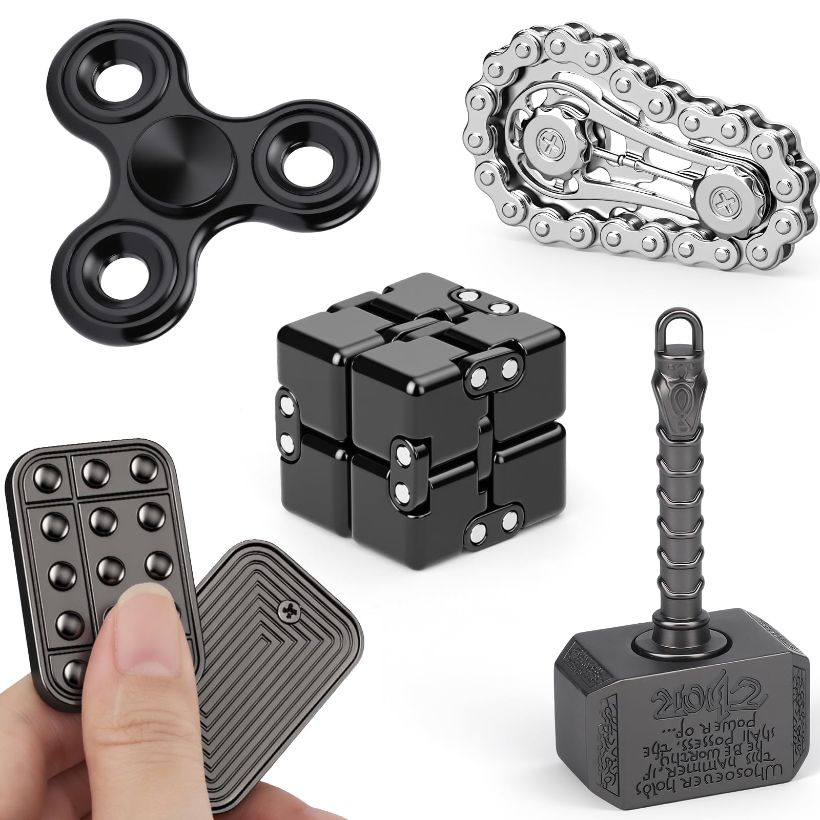 5PCS Fidget Toys Set, Sensory Pack with Fidget Chain, Infinity Cube, Fidget Slider, 2 in 1 Hammer Spinner, Metal Tri Spinner, Stress Relief Office Desk Gadget, Christmas Birthday Gift for Kids Adults