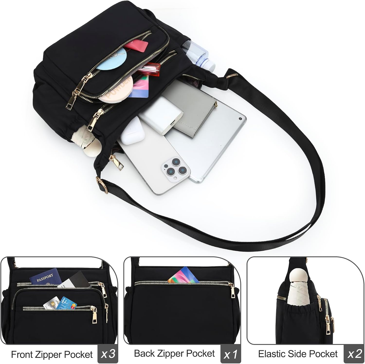 Nylon Crossbody Bags for Women Purses, Shoulder Handbags for Travel Work Black - Image 6