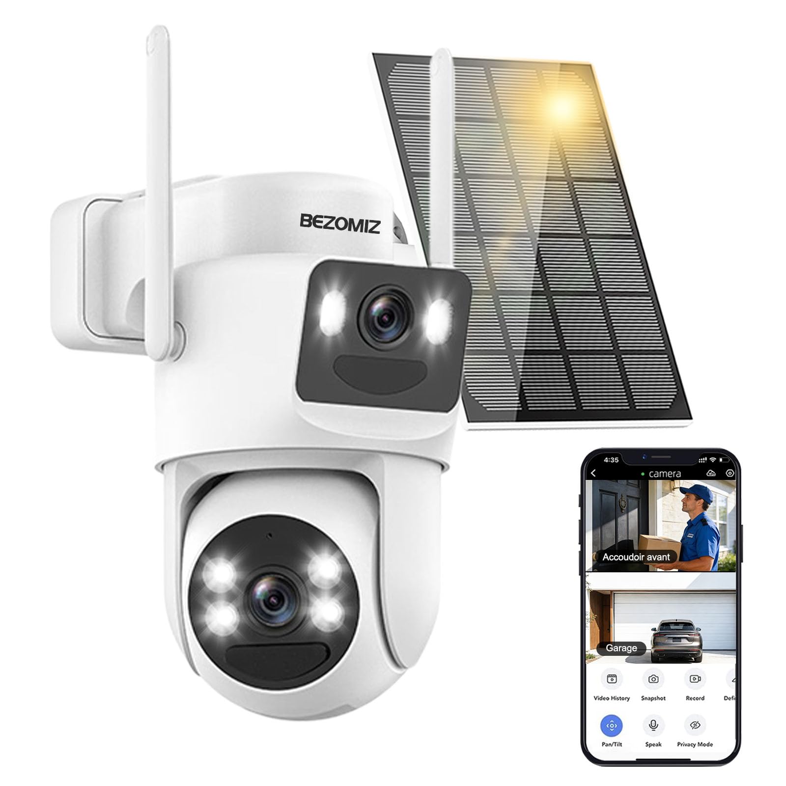 4K Camera Surveillance WiFi Exterieure sans Fil Solaire,Camera Exterieur Double Objectif avec Panneau Solaire,360° PTZ,8MP Vision Nocturne Couleur,Audio Bidirectionnel,PIR Sirène,IP66