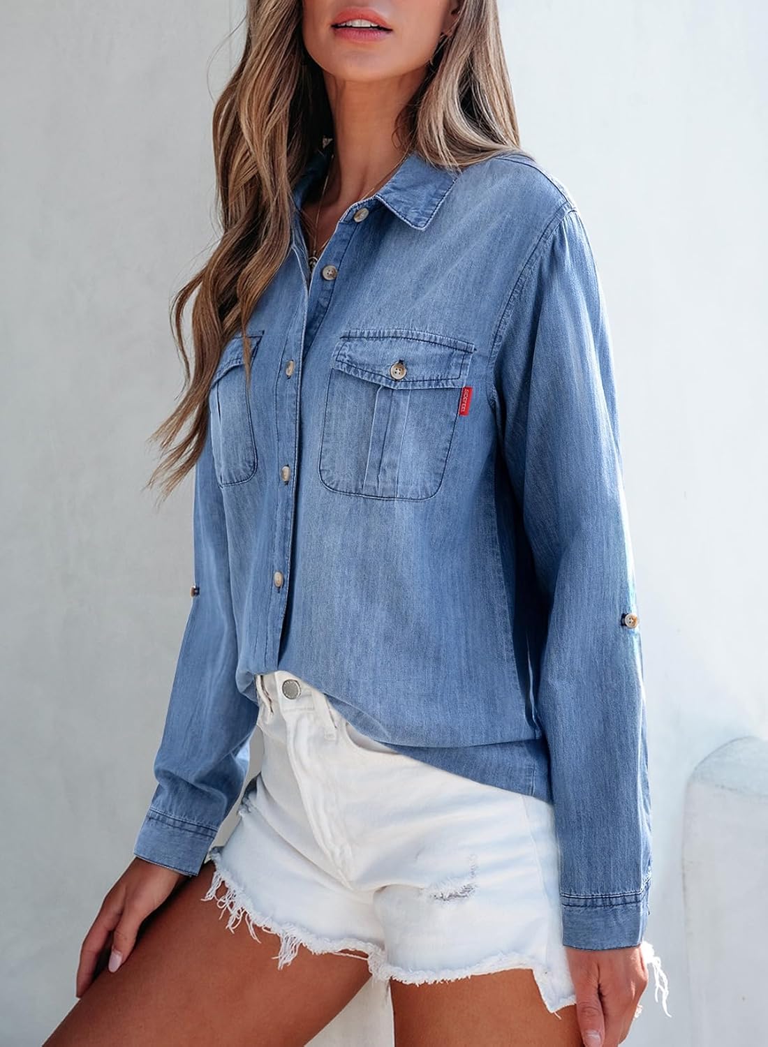 Sidefeel Women's Denim Top Long Sleeve Jean Shirt Button Down Denim Shirt - Image 3