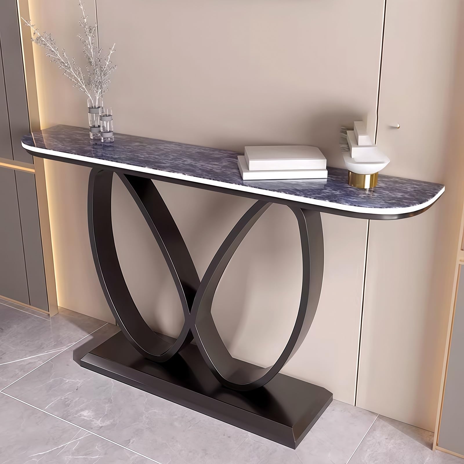 Consolle, Tavolino d'ingresso Stretto Effetto Marmo con Base Geometrica in Metallo, Tavolini d'appoggio contemporanei, Base Decorativa Creativa in Acciaio al Carbonio (Nero+Blu, 120 cm/47,2")