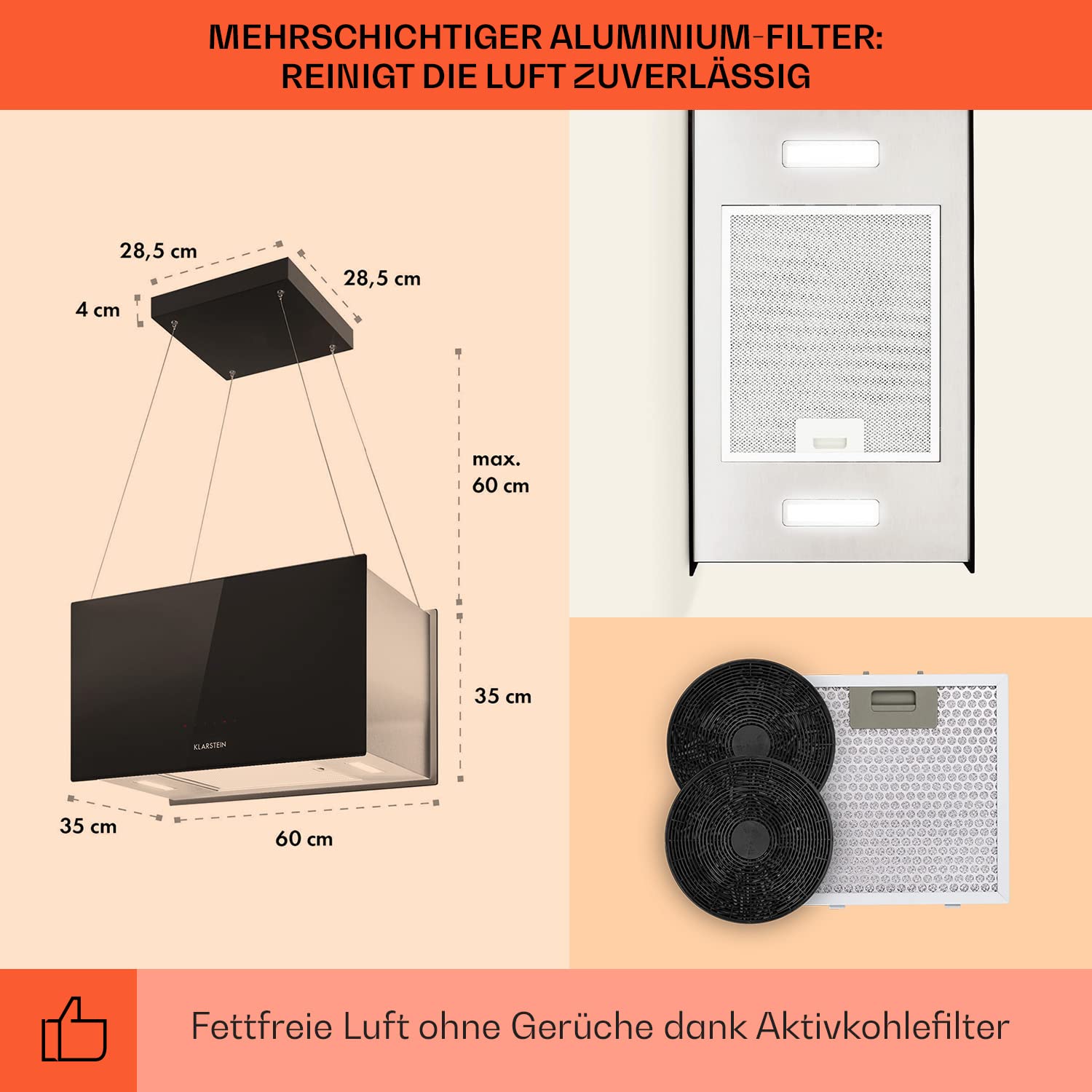 Klarstein Insel-Dunstabzugshaube 590m³/h Abluft/Umluft mit 3 Stufen Timer Aktivkohle-Filter