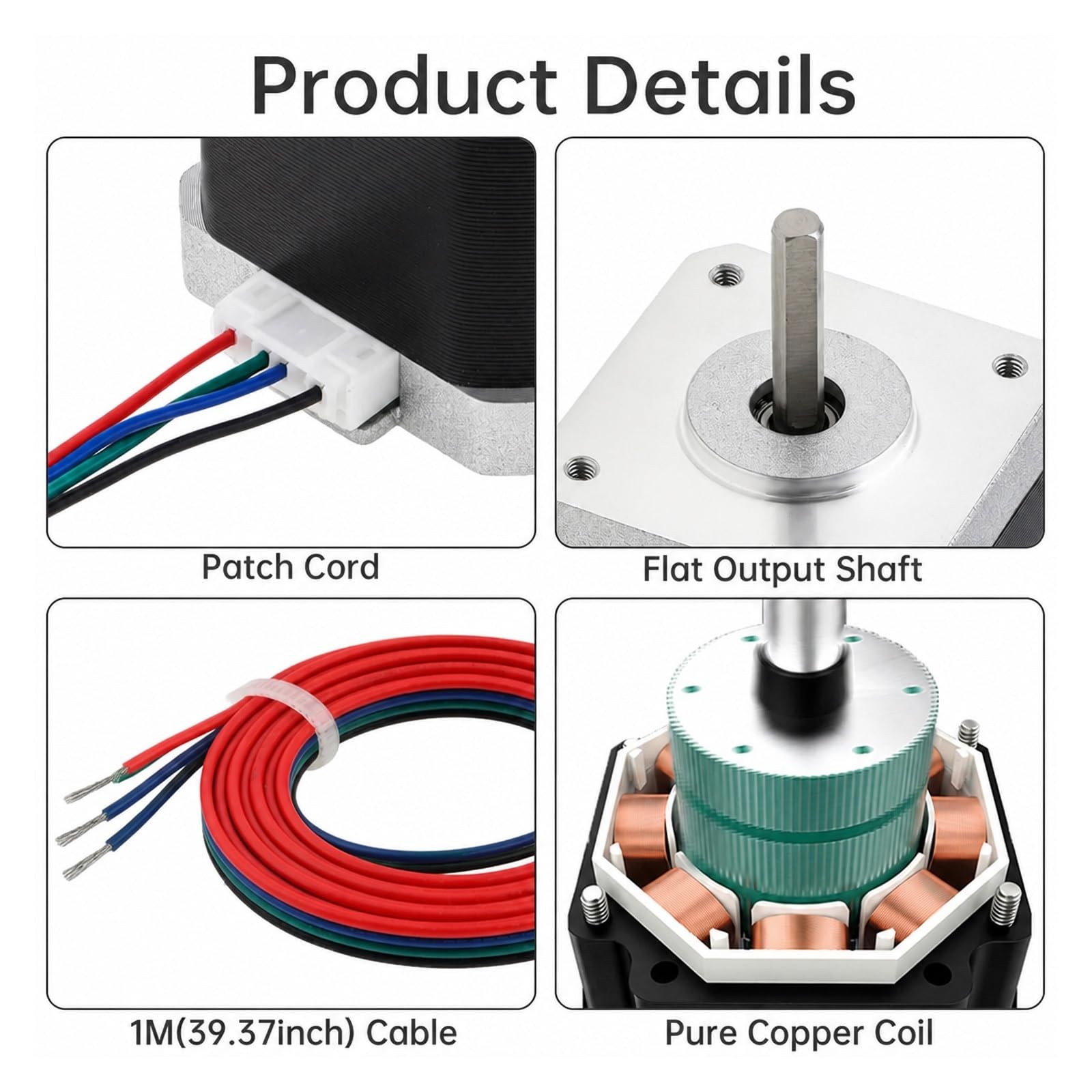 Husillo de Bolas, Motor Paso A Nema 17, 2 Fases, 4 Hilos, Cable Bipolar De 1m para Máquina CNC