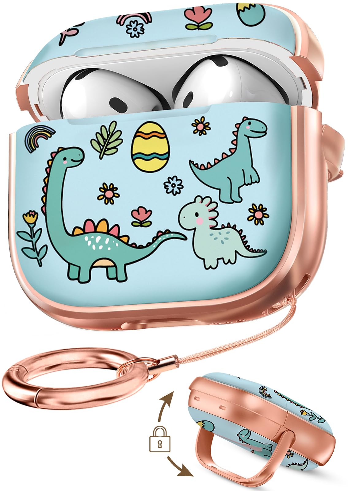 Coralogo for AirPods 4 Case with Safety Lock - Cute Cartoon for Women Girls Fashion Stylish Dinosaur Pattern Design Kawaii Girly Girlish Hard