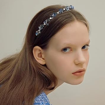 Blue Rhinestone Headband Bling Crystal Head Bands for Women Girls Vintage Parties Hair Accessory