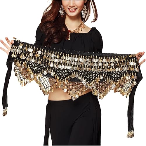 Wuchieal Women's Sweet Bellydance Hip Scarf with Gold Coins Skirts Wrap Noisy, Black, One Size