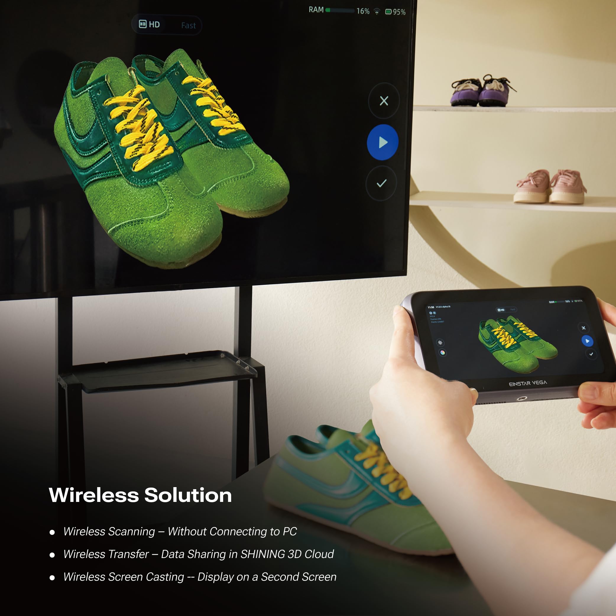 SHINING 3D EINSTAR VEGA Kabelloser 3D-Scanner, All-in-One Handgerät, Duale Technologie für kleine bis große Objekte, 48MP Farbe, Kompatibel mit Win/Mac, 32 GB