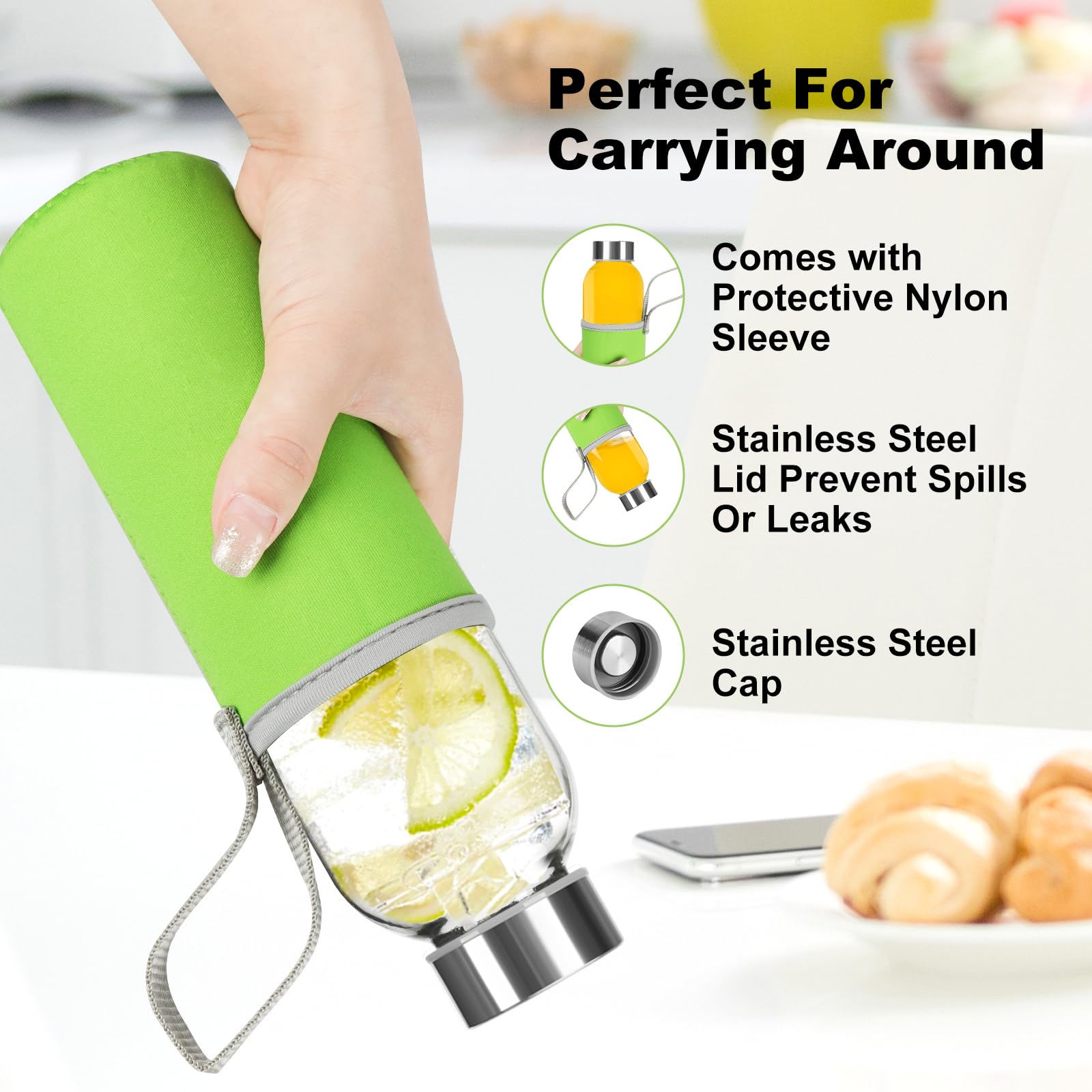 Bottiglie Vetro 500ml Riutilizzabili,Bottiglie Vetros Per Acqua,Confezione da 6 Bottiglie Di Vetro Vuote con Tappi,Per Frullati,Bottiglie Di Succo In Vetro con Tappi Ermetici - 5