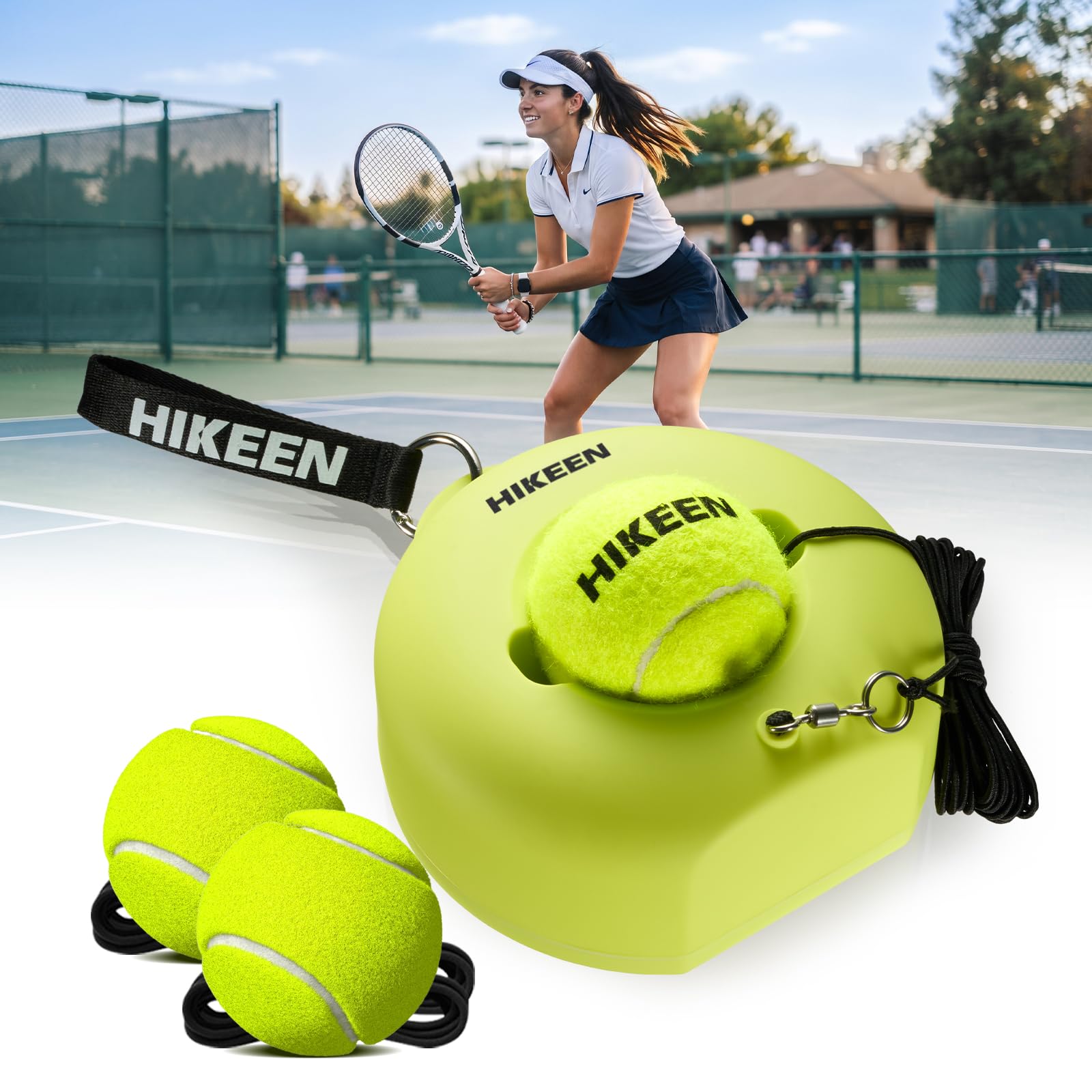 Hikeen Premium Tennis Trainer Rebound with Metal Base,Portable Solo Tennis Trainer Set with 3 Highly Elastic String Balls,Tennis Practice Equipment for Adult Kids an Beginners