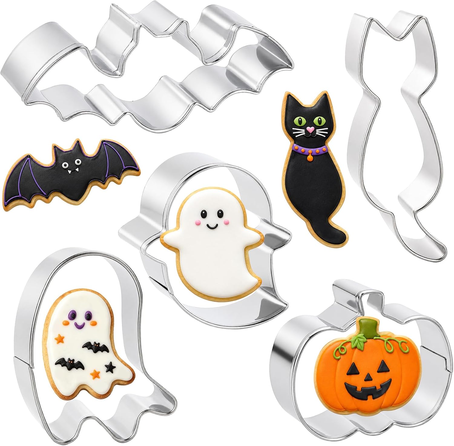 5Pcs Halloween Cookie Cutters, Stainless Steel Molds Ghost Cat Bat Pumpkin