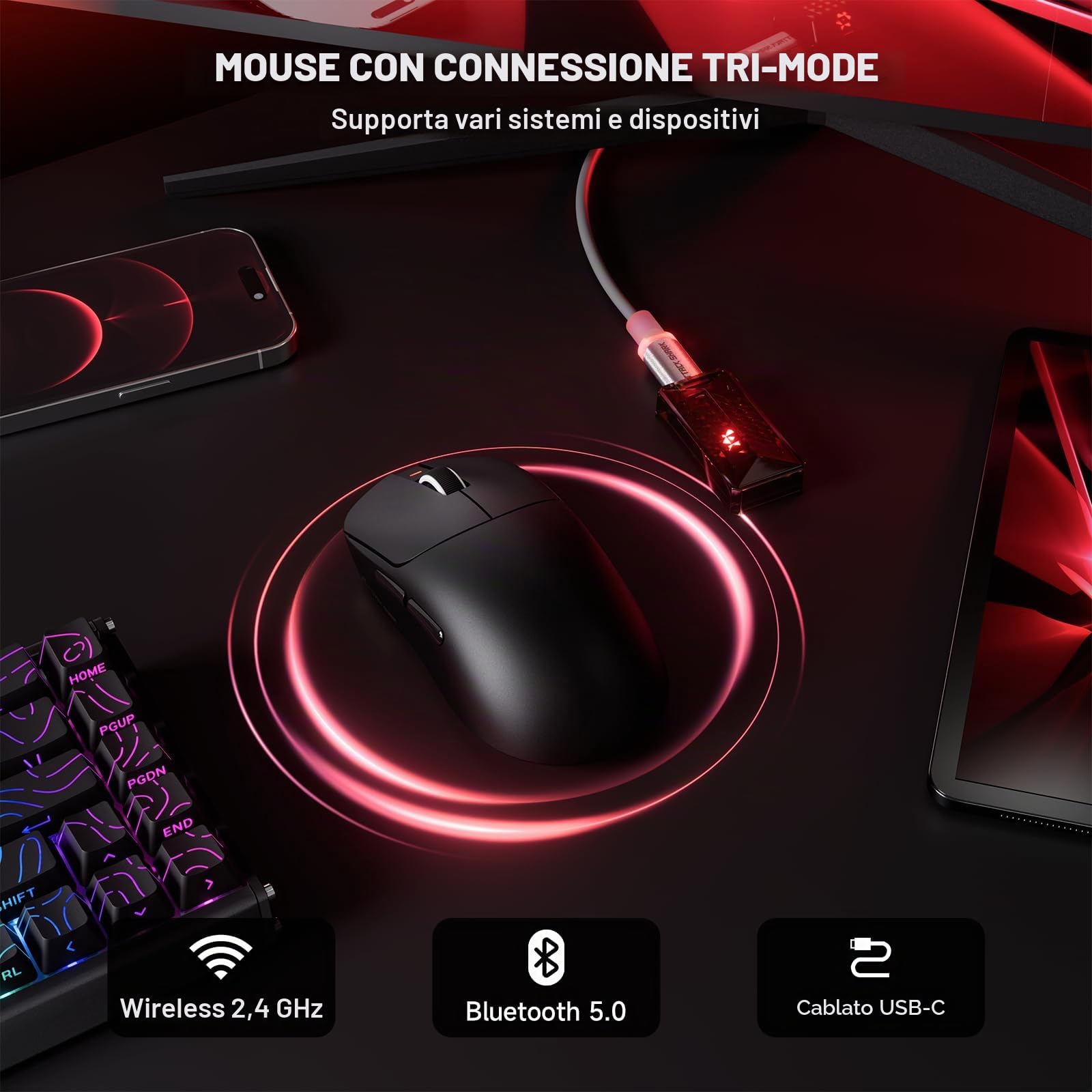 ATTACK SHARK Serie X8 Mouse Gaming Wireless, 55–65 g Ultralight, Sensore PixArt PAW3395/3950, Bluetooth/2.4G & USB, fino a 42.000 DPI, Cavo LED C06 Ultra (X8 ULTIMATE, Nero)