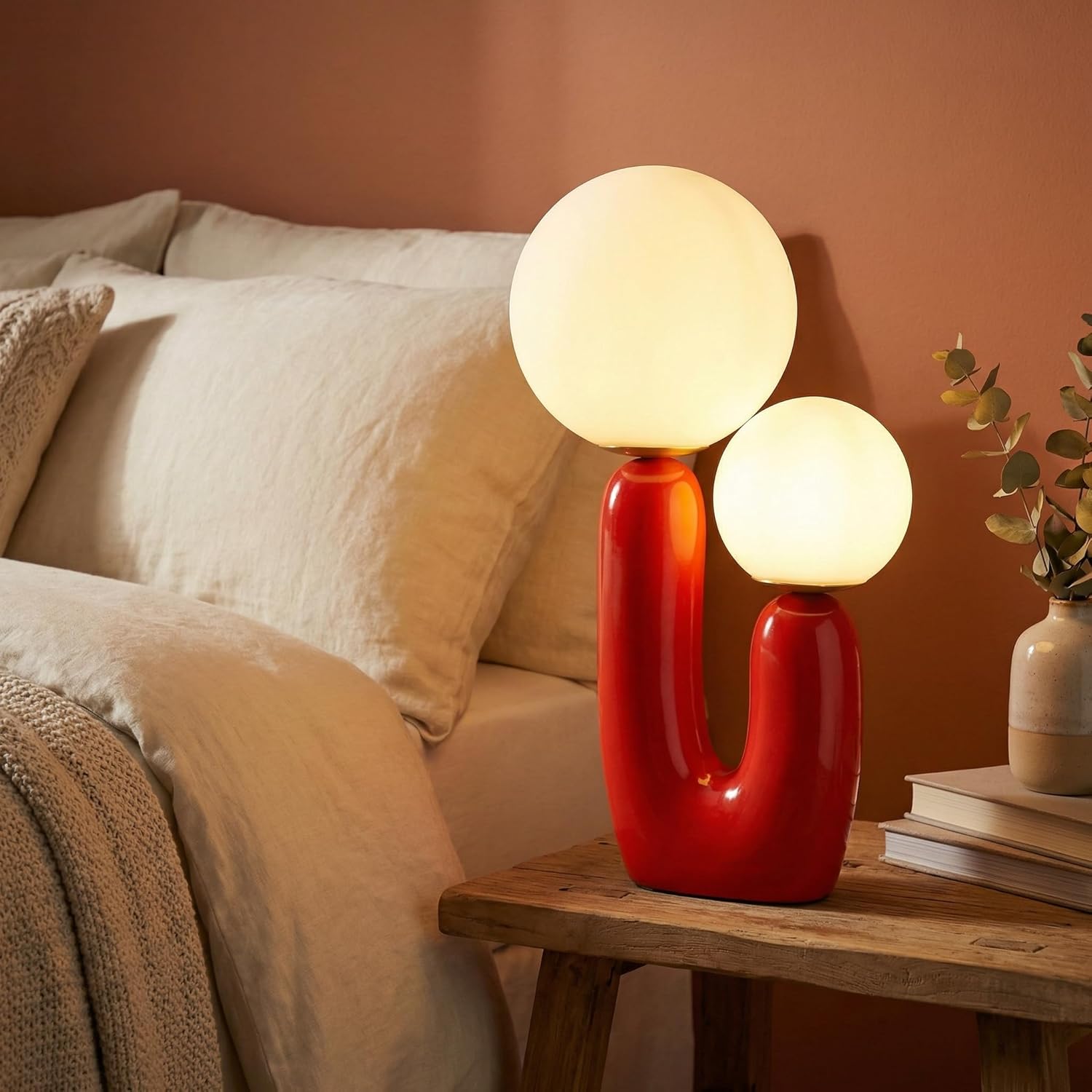 17.7" Large Modern Resin Frosted Glass Danish Cactus LED Table Lamp, 2-Light Dimmable Nightstand Bedside Lamps with Bulbs for Living Room, Office, Kids Room, Bedroom Decor - Red