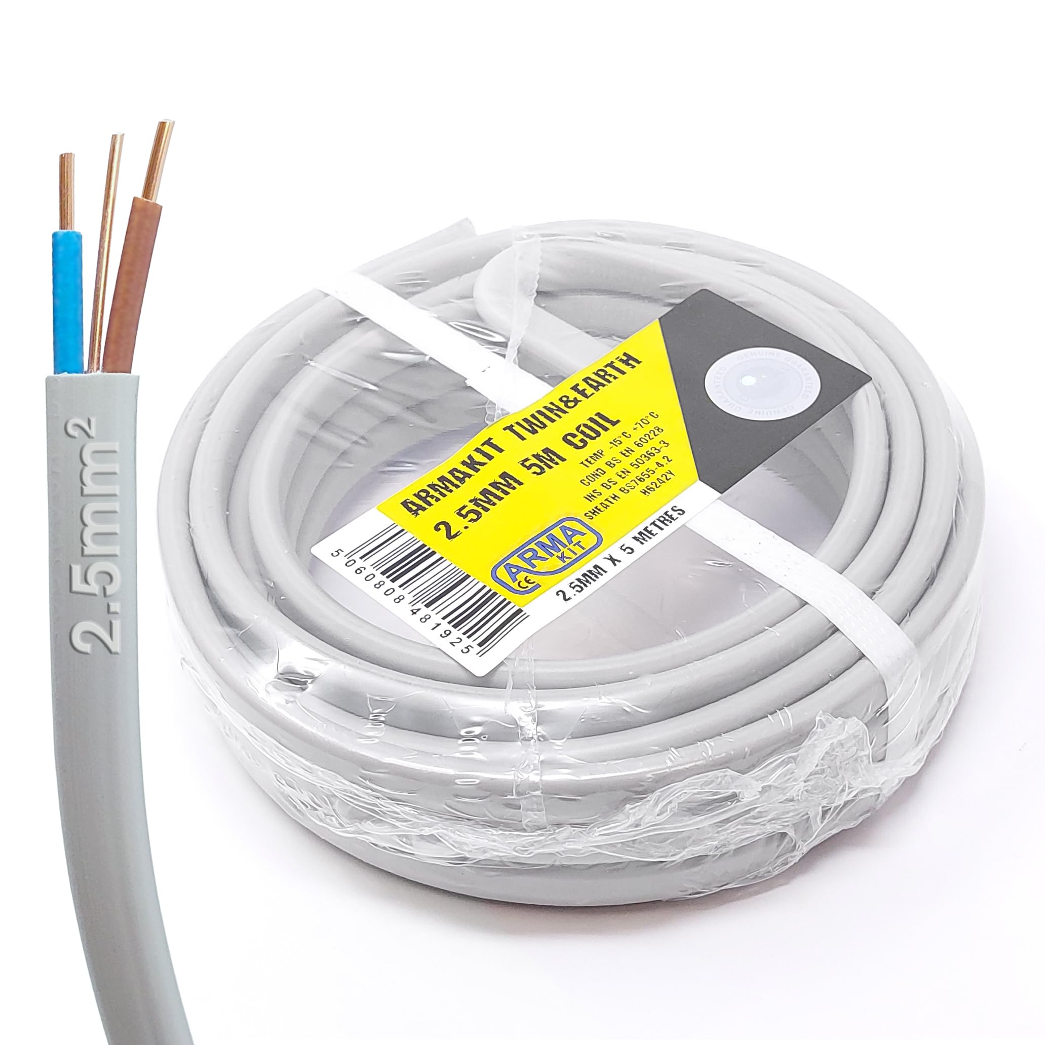 ArmaKit cable 5 Metre 6242Y2.5 - GREY 240v Mains 3 Core Electrical Wire - electric sockets ring extension