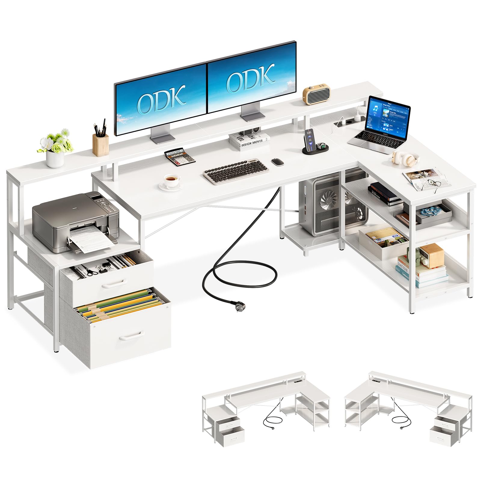 ODK Scrivania con Cassetti 189.3×100cm Grande Scrivania Angolare Reversibile con