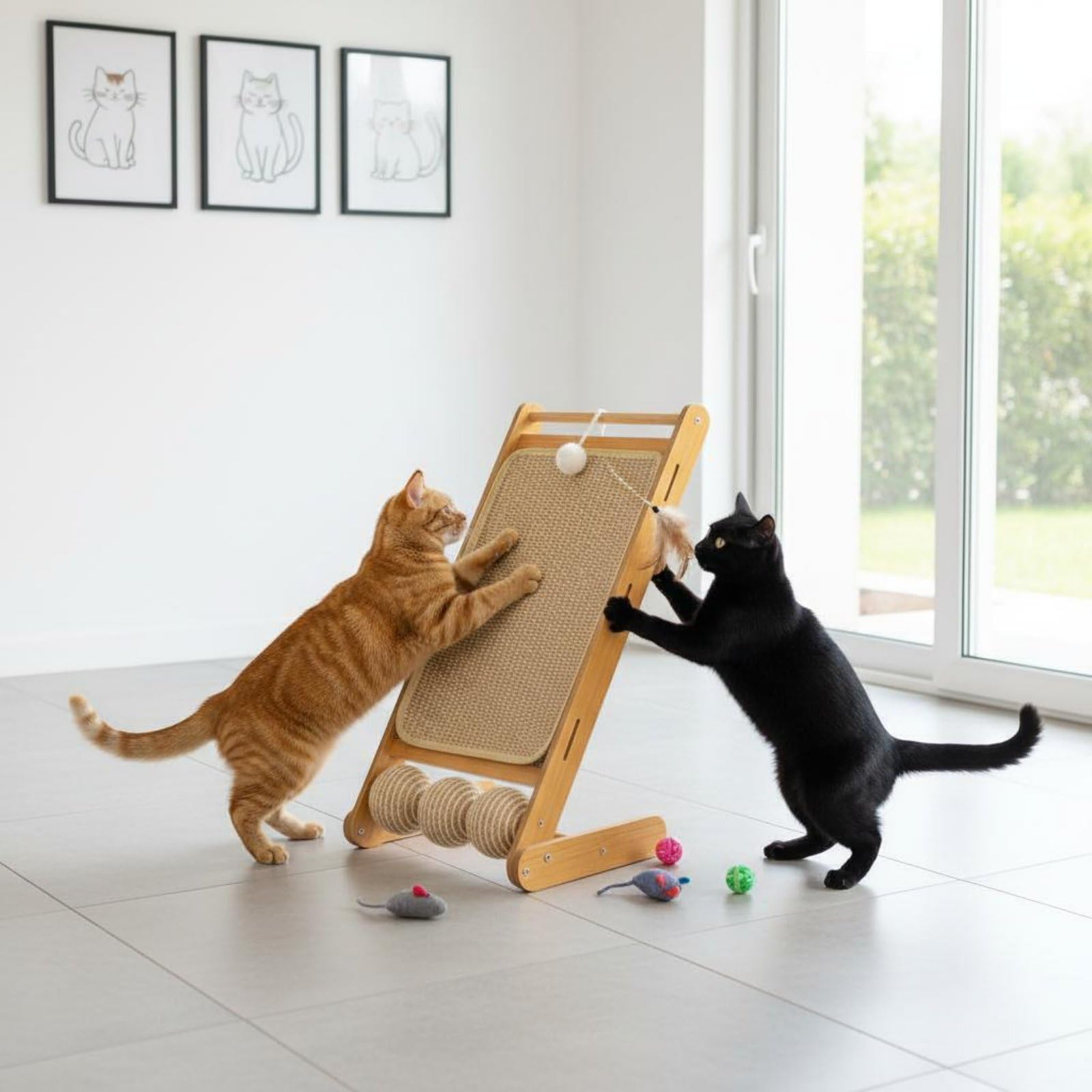 KESOTO Tiragraffi per Gatti Tavola Tavoletta, L-Forma In Legno Massello + Tappetino In Iuta Bianca + Palla Artiglio Di Gatto