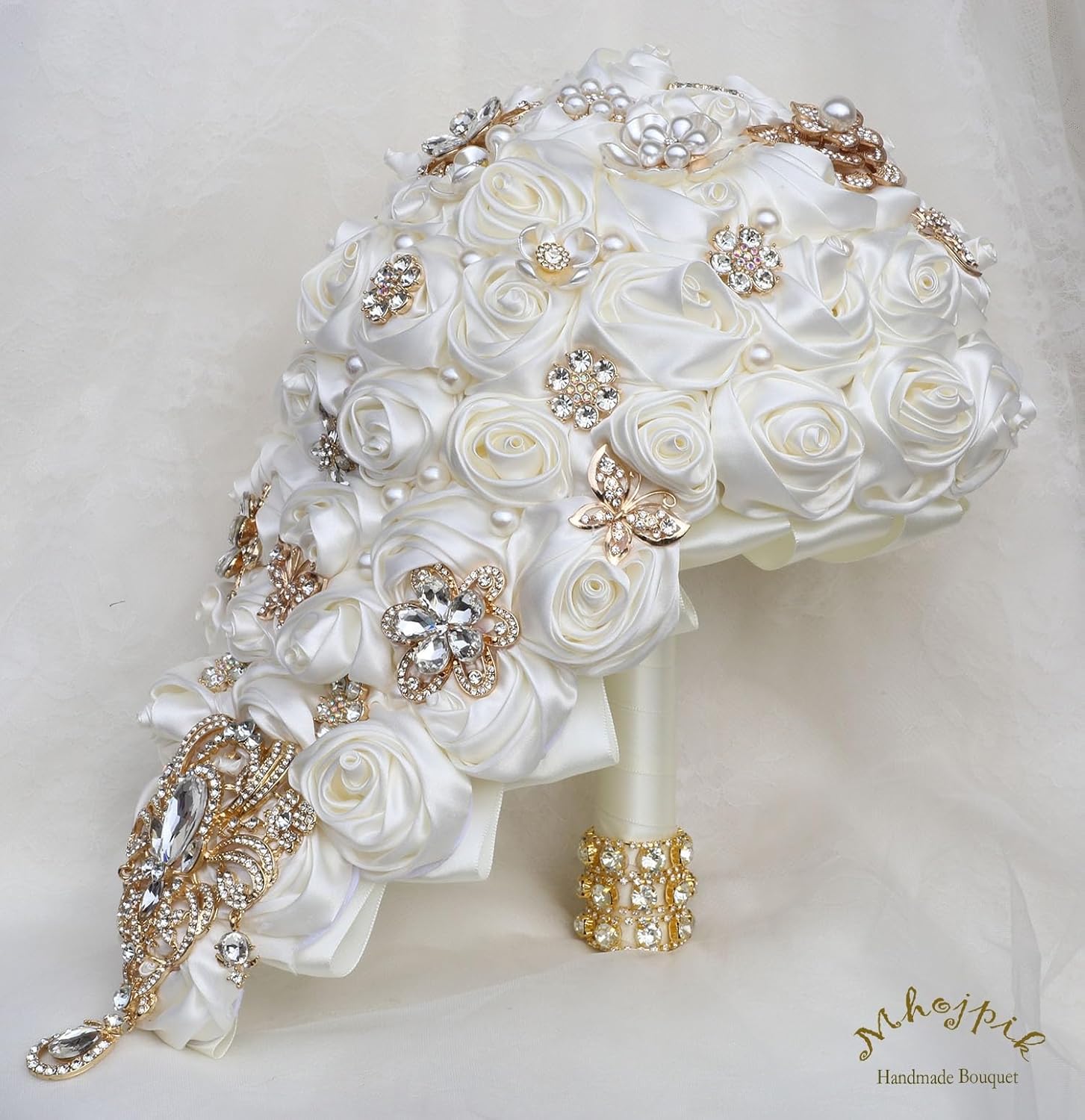 Luxury Cascade Bridal Wedding Bouquet Satin Rose Waterfall Holding Bouquet Artificial Flower Bunch for Bride Bridesmaid(Ivory, 15" x 7.5") - Image 2