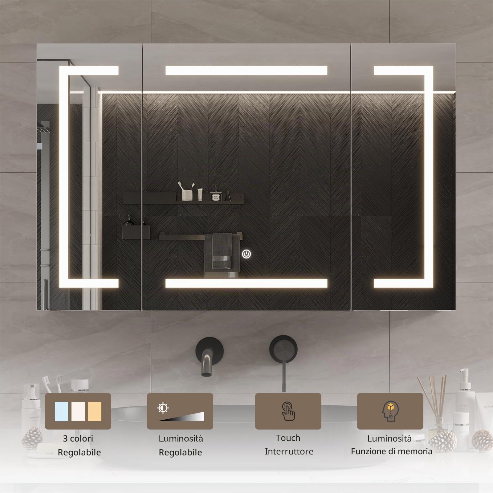 DICTAC Specchio Bagno Contenitore con luce e Presa 100x60x13,5 cm Mobile a Specchio Bagno con illuminazione Led Tre Ante Armadietto a specchio da bagno con Ripiano,in Metallo,Bianco