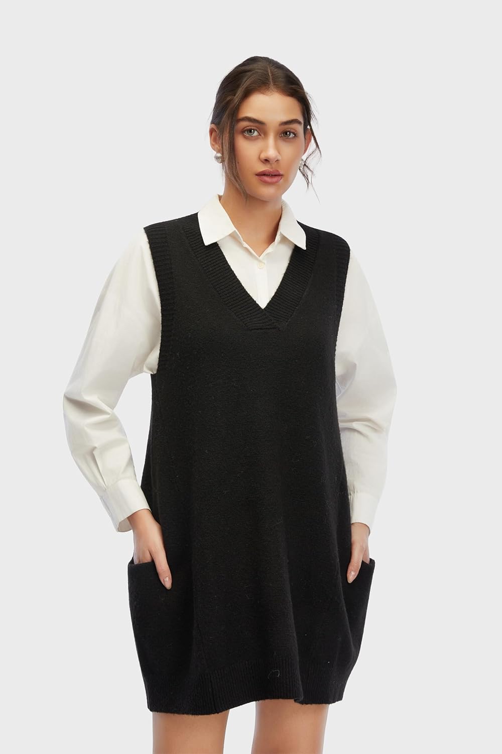 Womens Sweater Vest Dress with Pockets Casual Knitted Pullover Sweaters Fall 2025 V Neck Tank Sweater Dress - Image 2