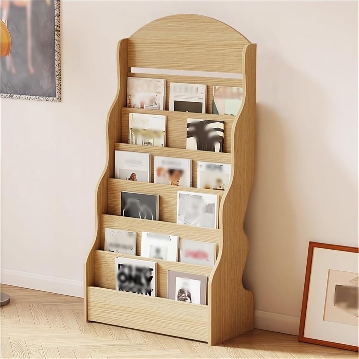 6-Tier Wooden Magazine Holder Bookshelf Vertical Storage Rack Standing Newspaper Rack for Home Office Solid Construction(Natural)
