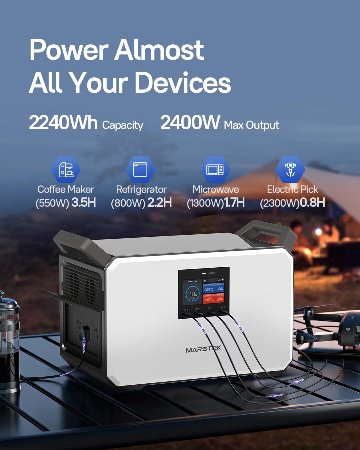 MARSTEK M2200, der driver flere enheder, herunder en drone, bærbar computer og ventilator