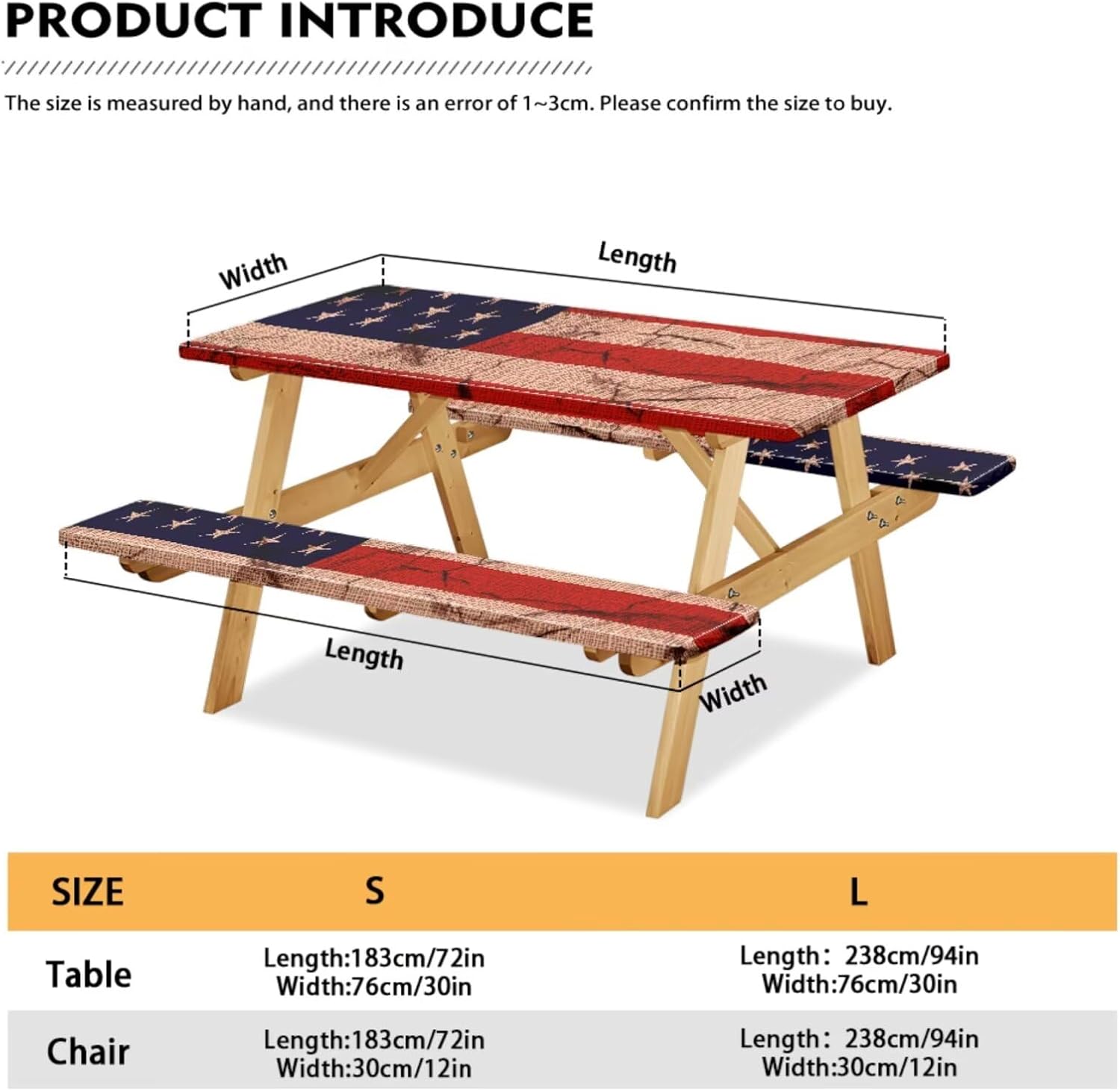 Vintage USA Flag Picnic Table Cover With Bench Covers 8Ft 4Pcs, Camping Essentials, Fitted Camping Tablecloth Waterproof With Elastic Edge And Drawstring Bag For Indoor Outdoor Patio