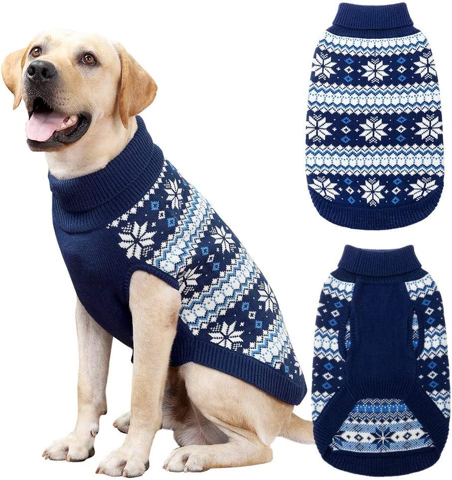 KOOLTAIL Suéter de punto trenzado para perro de cuello alto, suéter de punto clásico para clima frío, patrón de copo de nieve, ropa de invierno