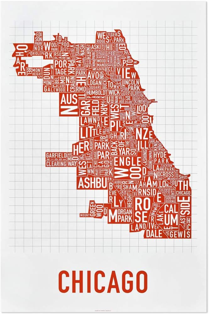 Ork PostersChicago Neighborhoods Map Art Poster, Red & White, 24" x 36"