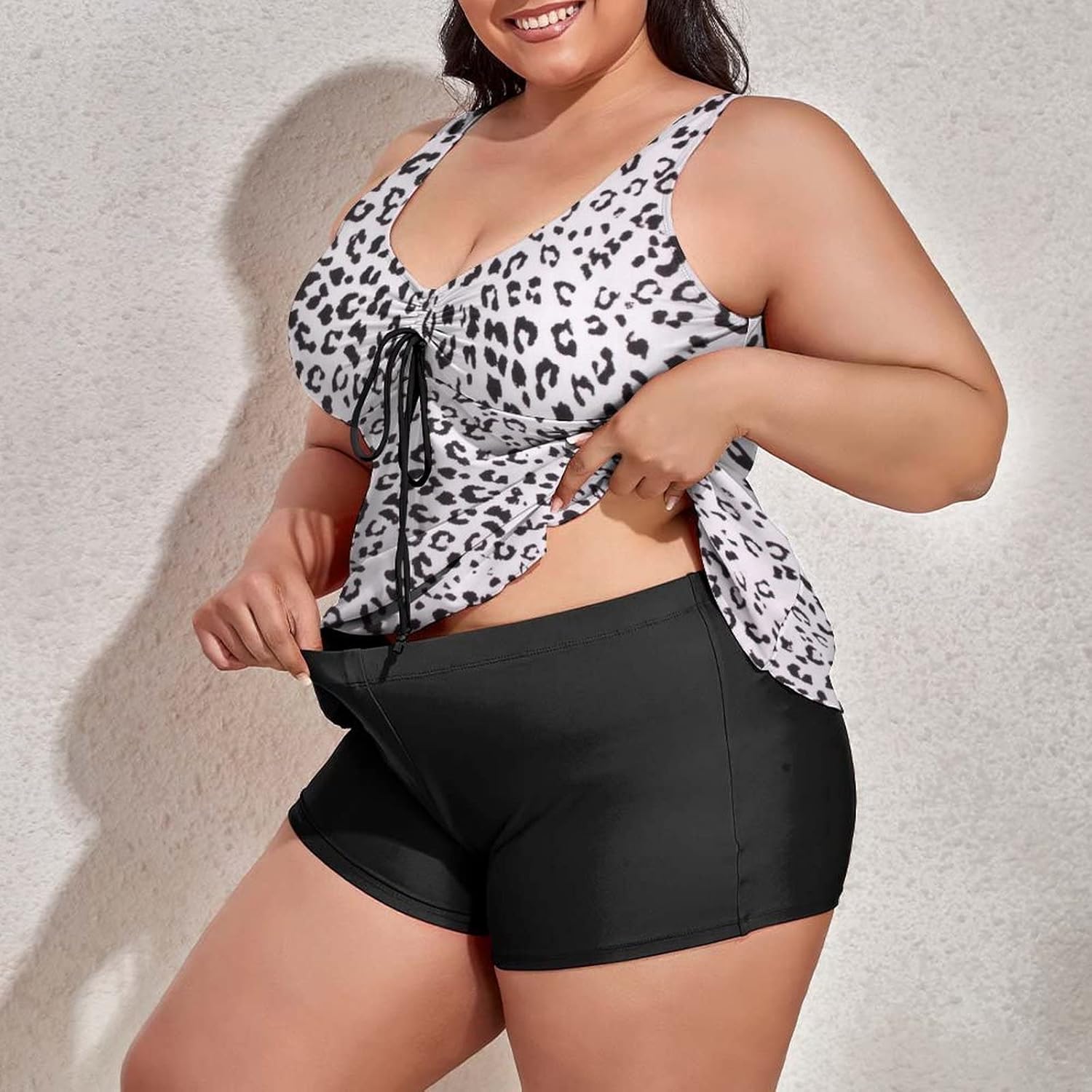 Plus Size Tankini Swimsuit for Women Leopard Print Tankini Bathing Suit Tummy Control Swimdress 2 Piece Swimsuits with Shorts