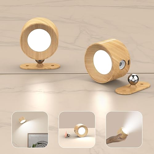 Battery Operated Wall Sconces Set of 2, Magnetic Cordless LED Wall Lights with 3 Color Temp & Dimmable Touch Control, 360° Rotating Rechargeable Wall Lamp, Reading Light for Bedroom & Bedside