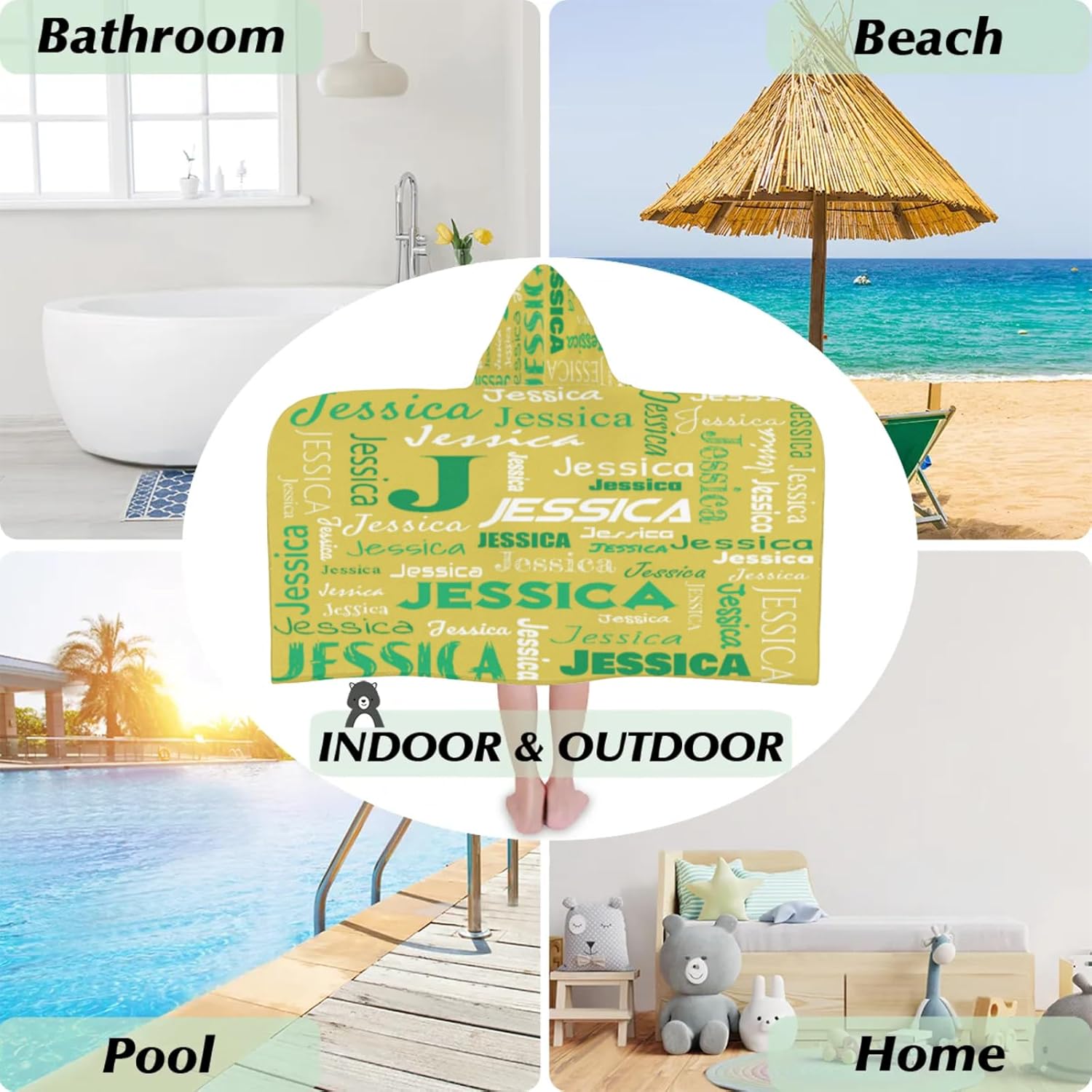 Custom Kids Hooded Beach Towel for Girls Boys, Personalized Toddlers Pool Towels Lightweight Children's Bath Towel, Soft Absorbent Yellow Green Swim Towel