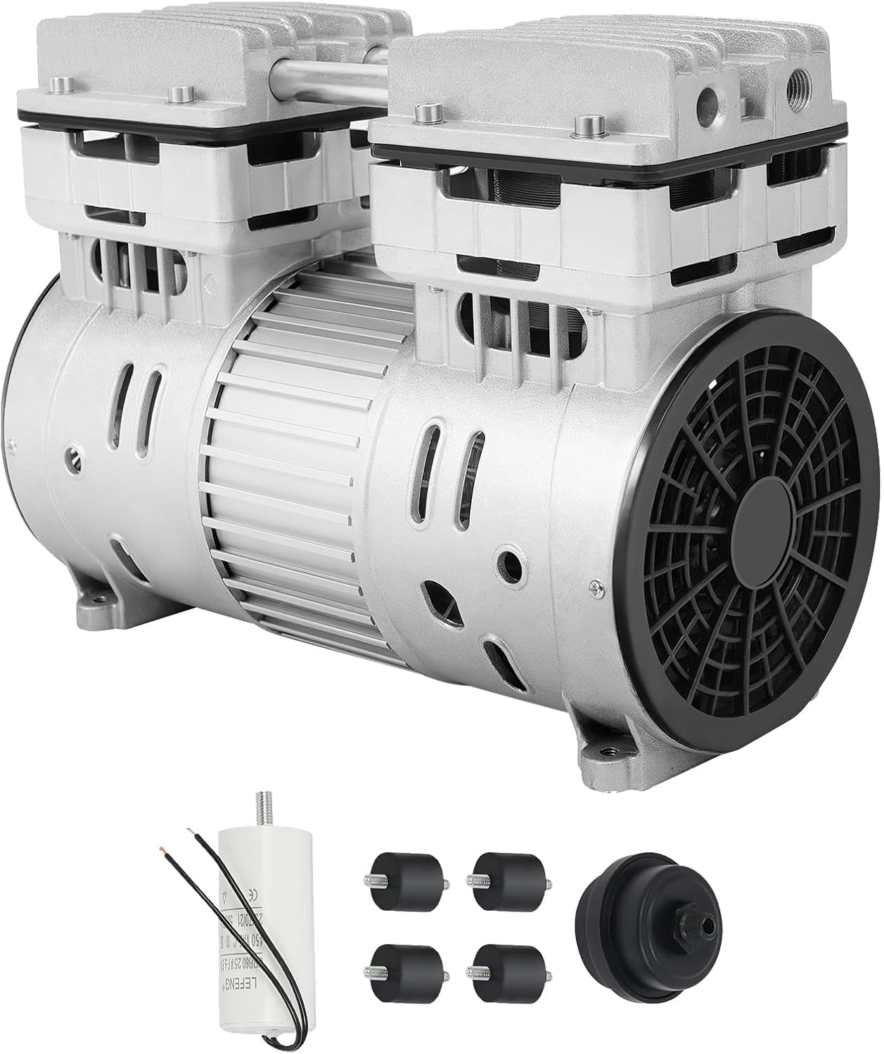 Cabezal de compresor de aire 750 W, 145 l/min, 1 CV, motor silencioso, 8 bar, motor sin aceite, con 2 silenciadores, motor de cobre de 1400 rpm, cabezal de bomba silencioso, bajo ruido para taller