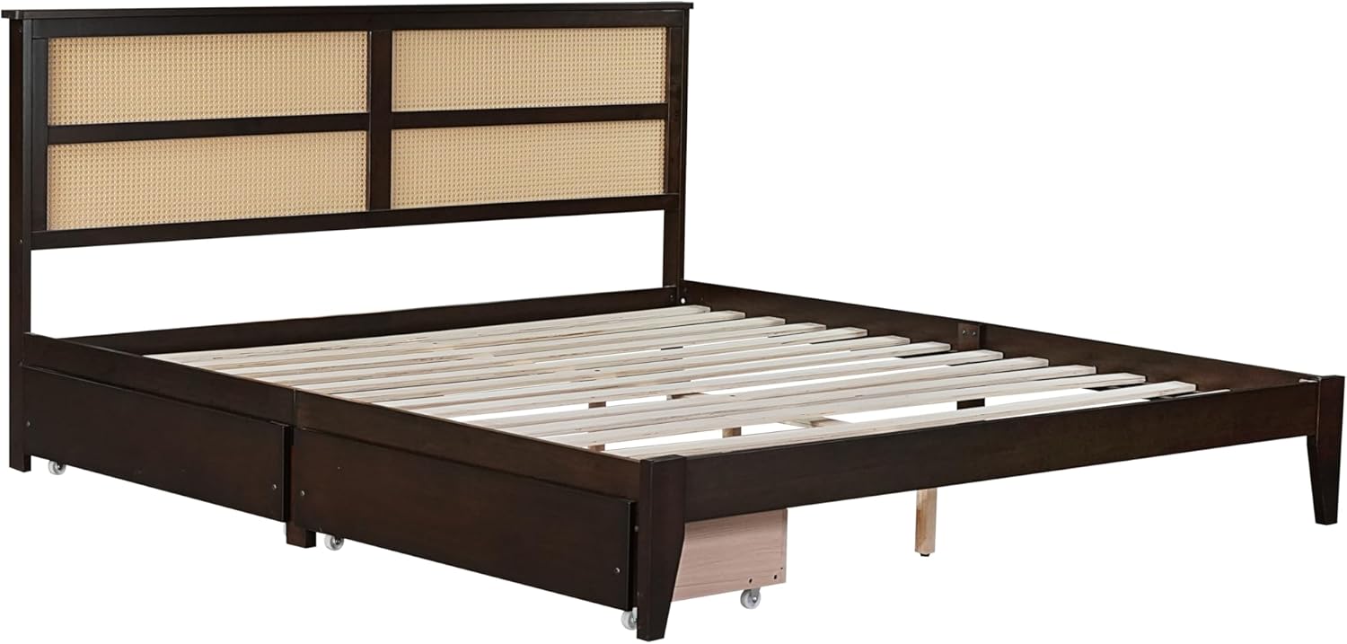 King Size Rattan Bed Frame with Rattan Headboard & Storage Drawers,Solid Wood Foundation,Noise-Free, Easy Assemble,No Box Spring Needed,Espresso