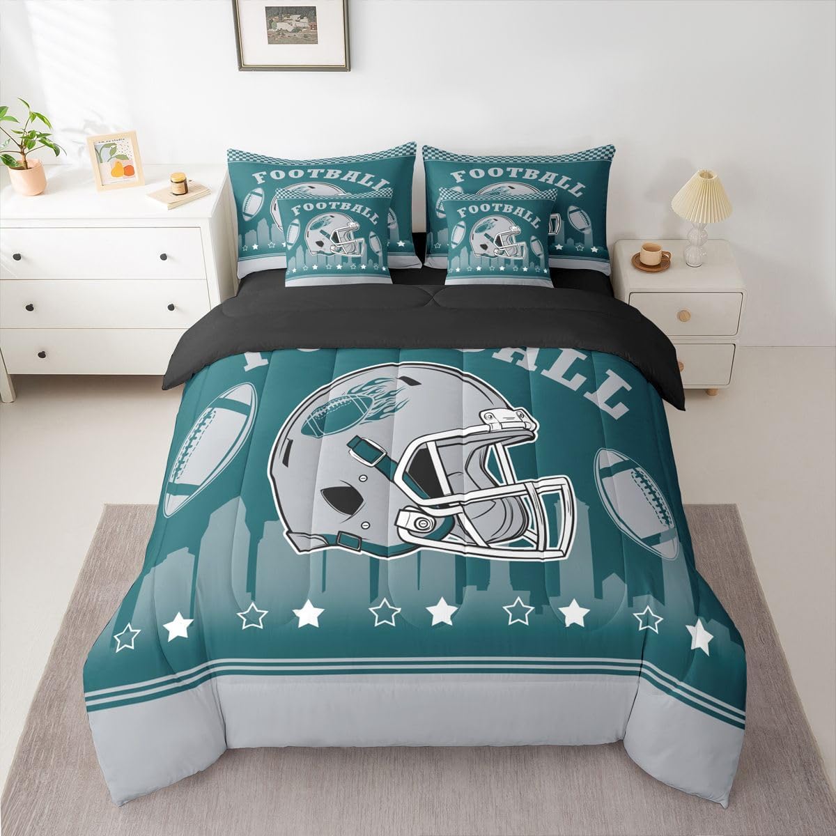 Erosebridal Sports Bedding Set Boys Football 7 Pcs Comforter Set Queen for Football Gifts,Sport Rugby Bed in A Bag with Flat and Fitted Sheet Yellow and Black Room Decor