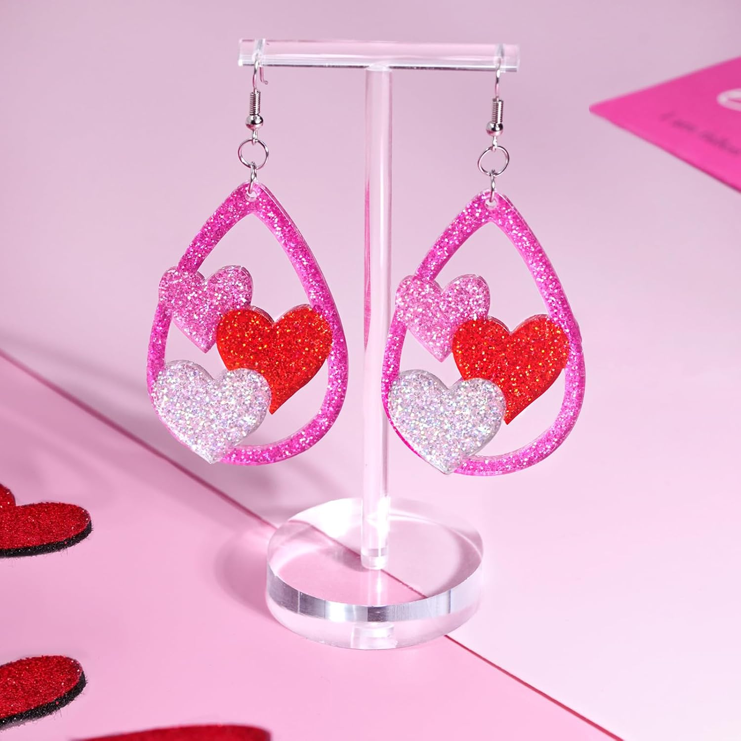 yfstyle Valentines Heart Dangle Earrings Hot Pink Heart Teardrop Earrings Women Acrylic Galentine’s Jewelry Gifts - Image 6