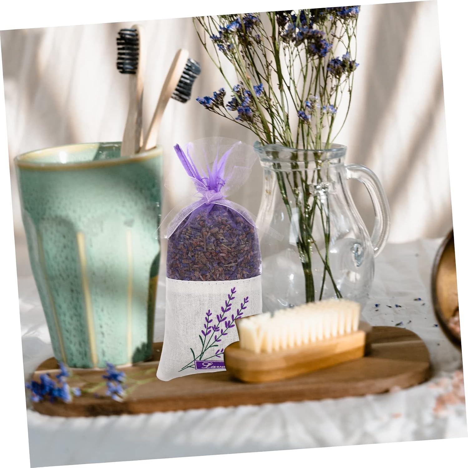 OUNONA 30pcs Lavender Sachet Bags with Flower Print Light Purple Herbal Fragrance Pouches Portable Drawstring Bags for Dried Lavender and Herbs Storage Soft Embroidered Texture