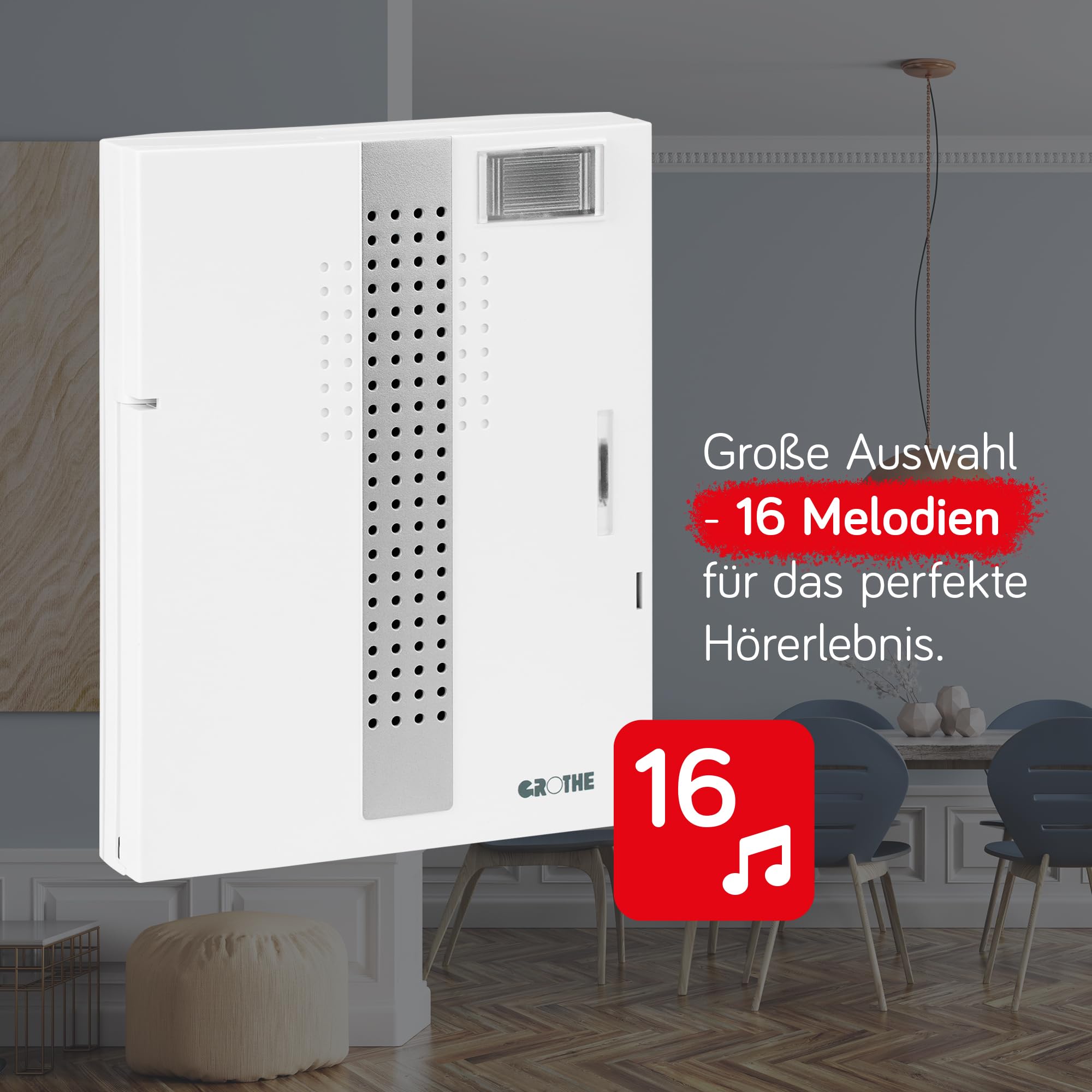 Grothe Funkklingel Türklingel MISTRAL 300M Funkgong-Set 500m Reichweite, 16 Melodien mit LED-Blitzlicht, Batterie- oder Netzbetrieb bis 83 dB (mehrfache Rufunterscheidung & Grothe AirLink Technologie)