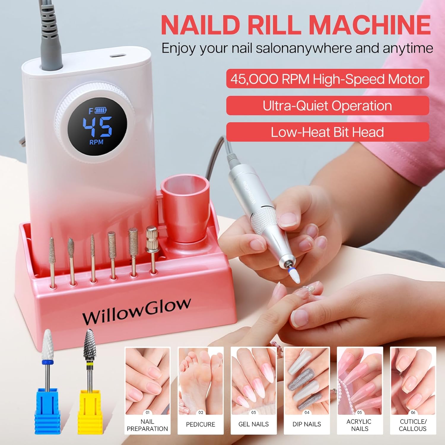 Nail Drill 45000 RPM with Charging Dock, Professional Efile Kit for Acrylic Gel Removal, Electric Nail File Machine with Ceramic & Tungsten Bits, for Home Salon Use