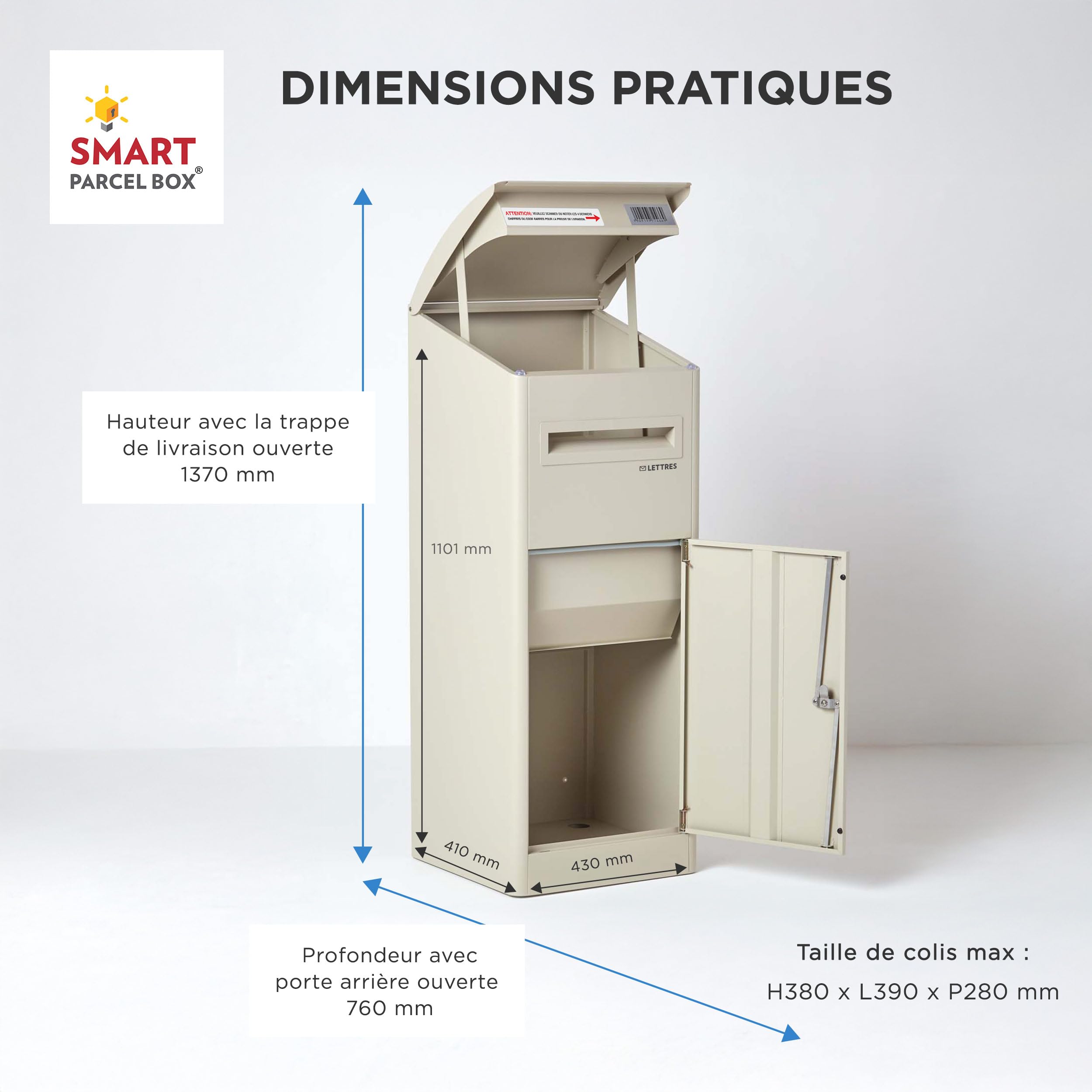 SMART PARCEL BOX Boite aux Lettres sur Pied, Boite à Colis extérieur, Acier galvanisé, Extra-Large, Serrure 3 clés, Beige, 43 x 41 x 110 cm