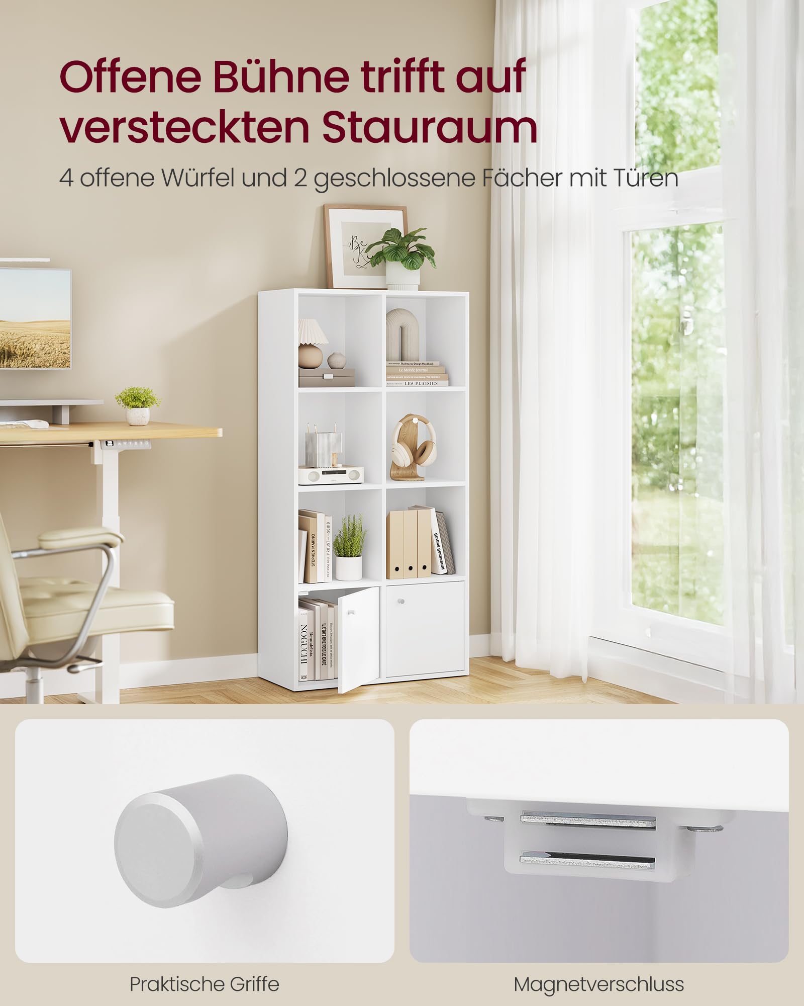 VASAGLE Custos Kollektion - Bücherregal, 4-stöckiges Regal, offenes Aufbewahrungsregal, Standregal, 29 x 65,8 x 130 cm, 2 Fächer mit Türen, Wohnzimmer Homeoffice Esszimmer, wolkenweiß LBC508WB01