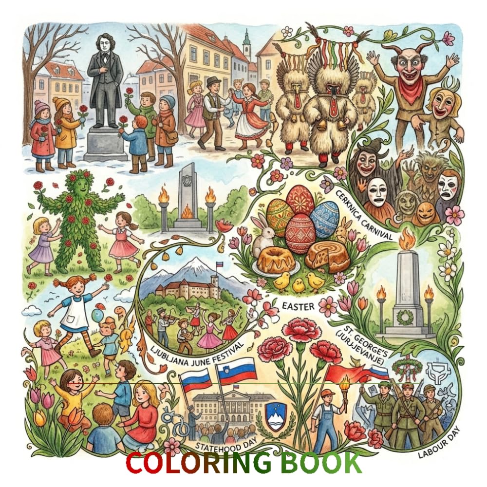 Beautifully hand-drawn coloring book that celebrates the rich and lively festivals of Slovenia: Slovenia Festivals Coloring Book for Kids & Adults: ... Cultural Traditions, Travel Line Art