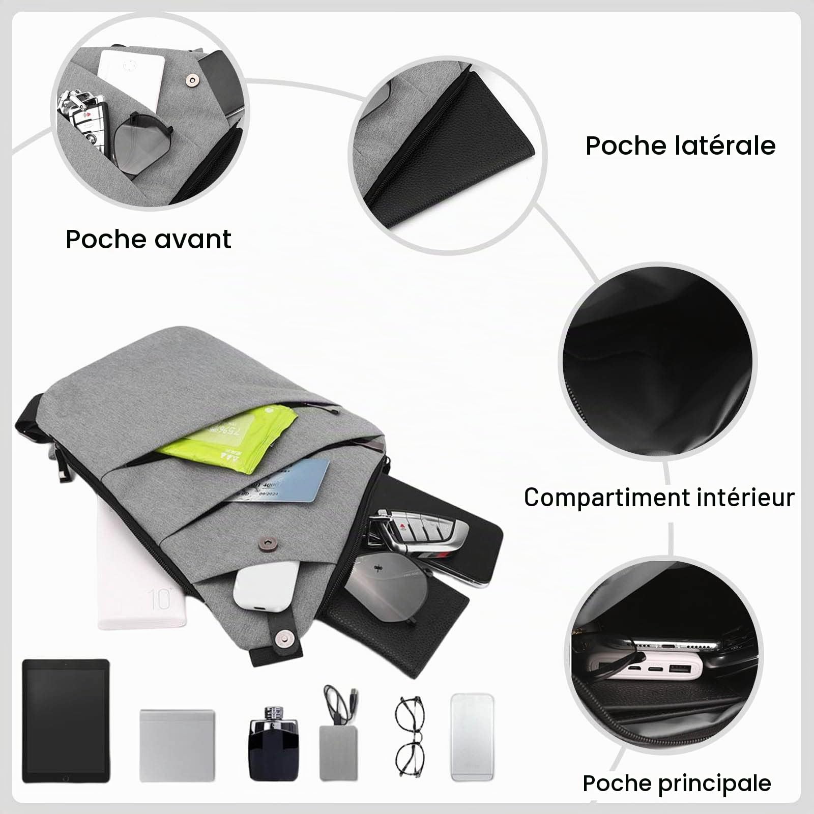 FANDARE sac Poitrine Homme Bandoulière des Sports Antivol Sacoche Femmes Epaule Sling Bag Noir